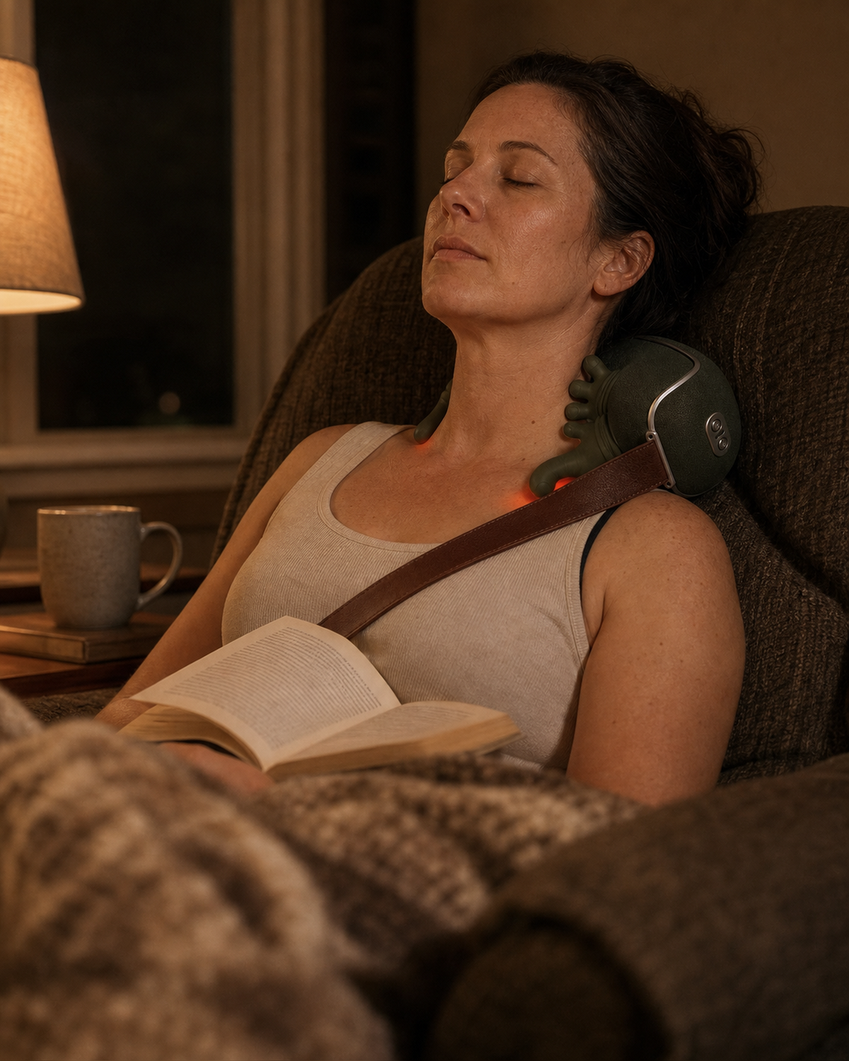 A woman in an armchair in the evening wearing the Lindhoel massager